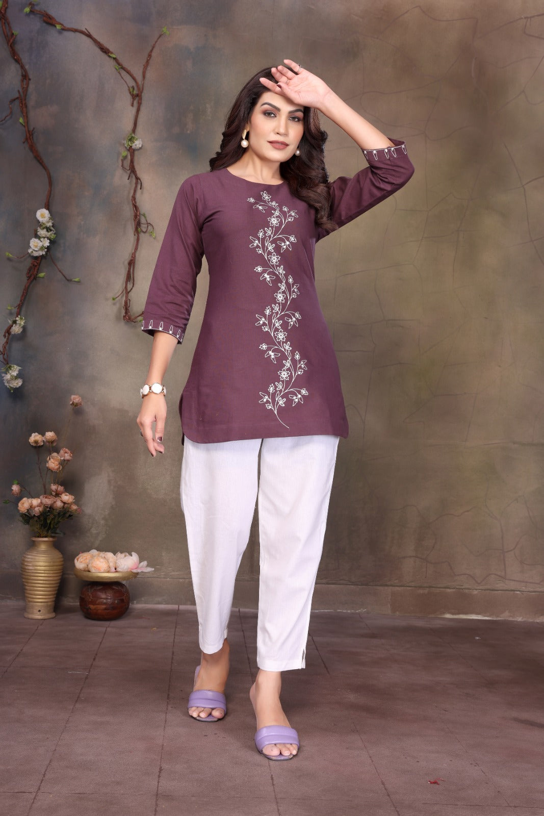 Women Cotton Linen Magenta Purple Embroidered Short Top