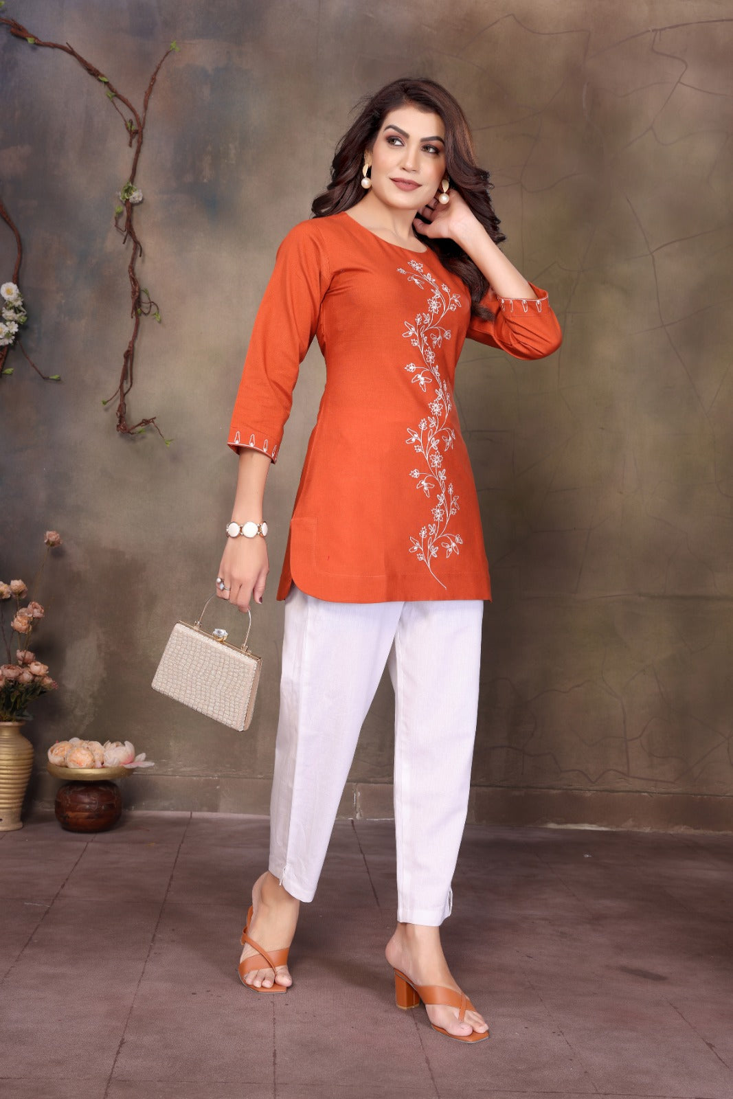 Women Cotton Linen Rust Embroidered Short Top