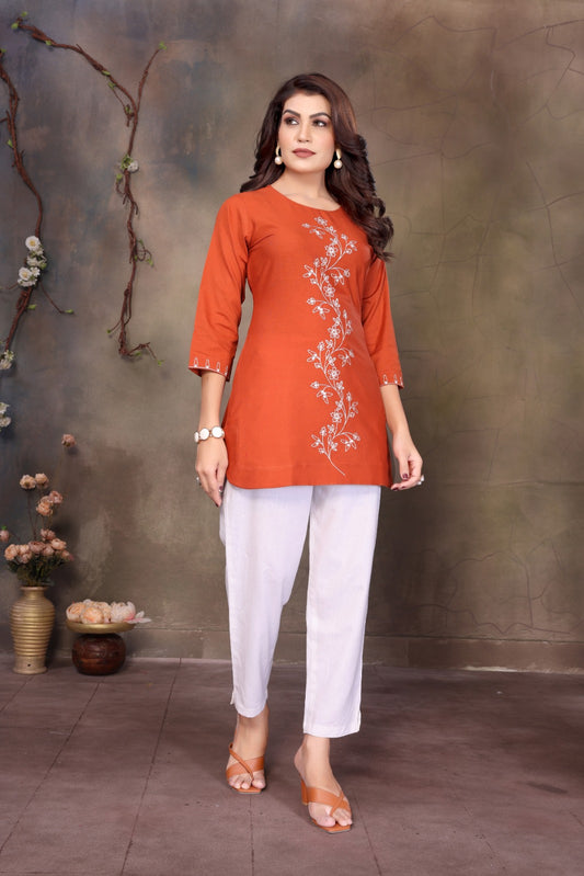 Women Cotton Linen Rust Embroidered Short Top