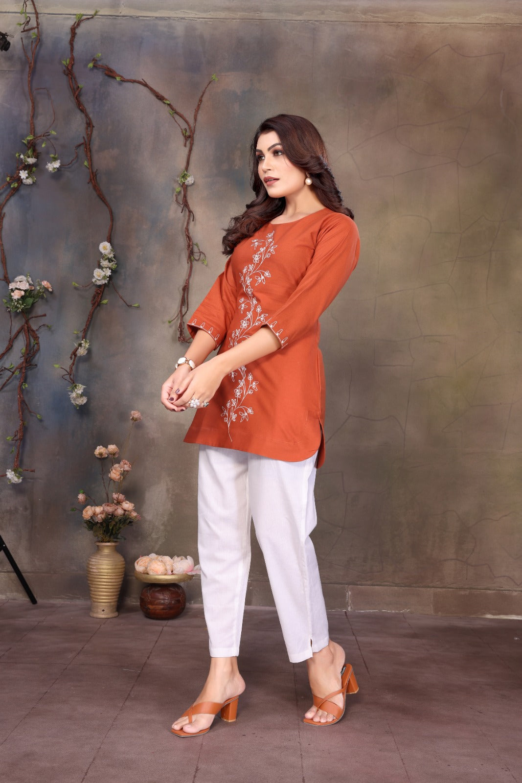 Women Cotton Linen Rust Embroidered Short Top