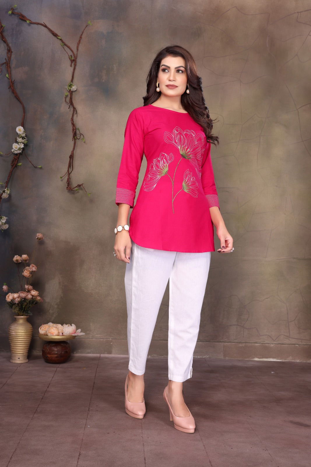 Women Cotton Linen Rani Embroidered Short Top