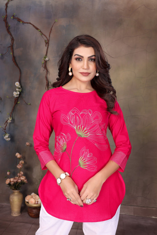 Women Cotton Linen Rani Embroidered Short Top