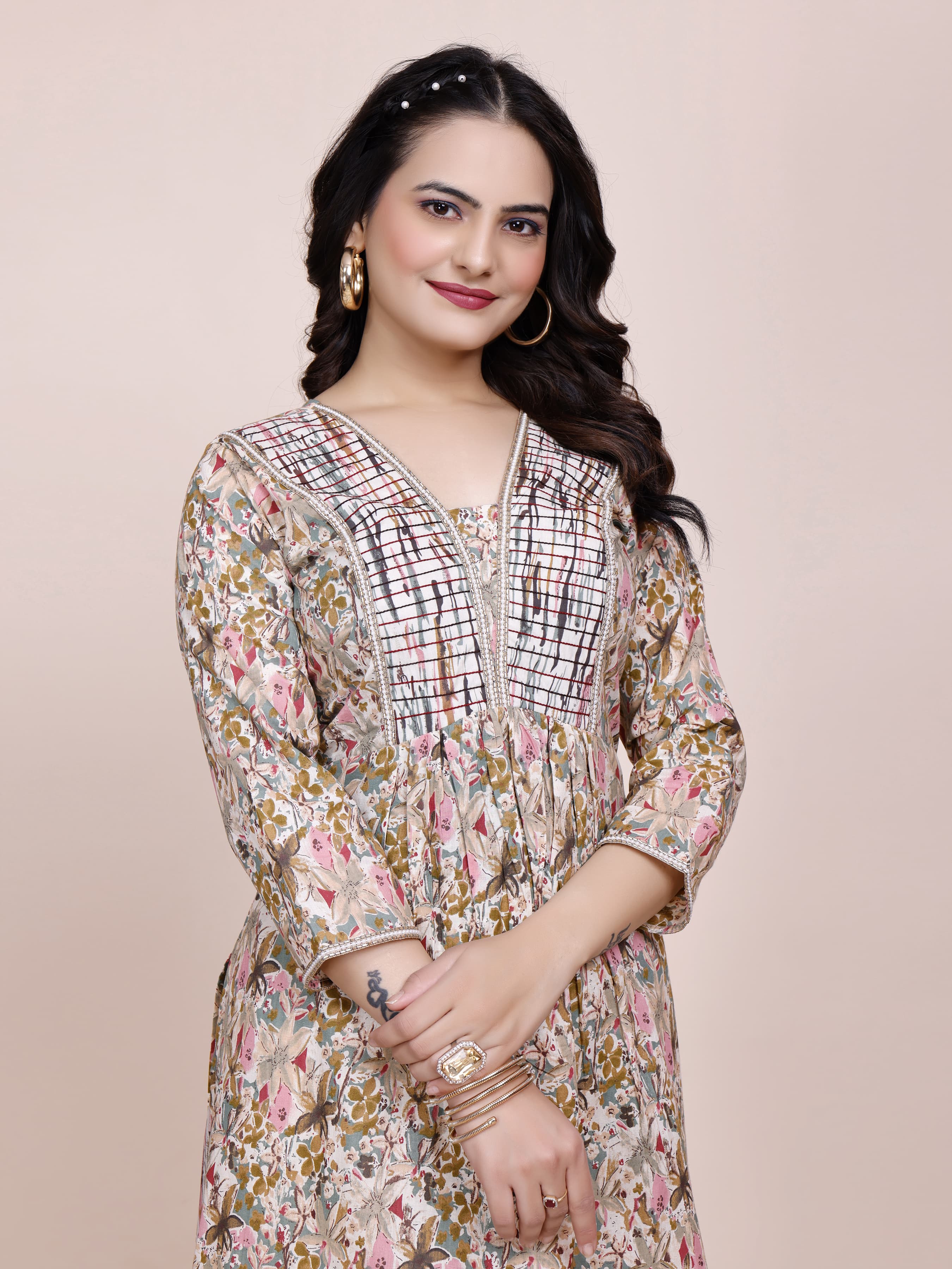 Women Premium Cotton Floral Cream Kurti Pant Set