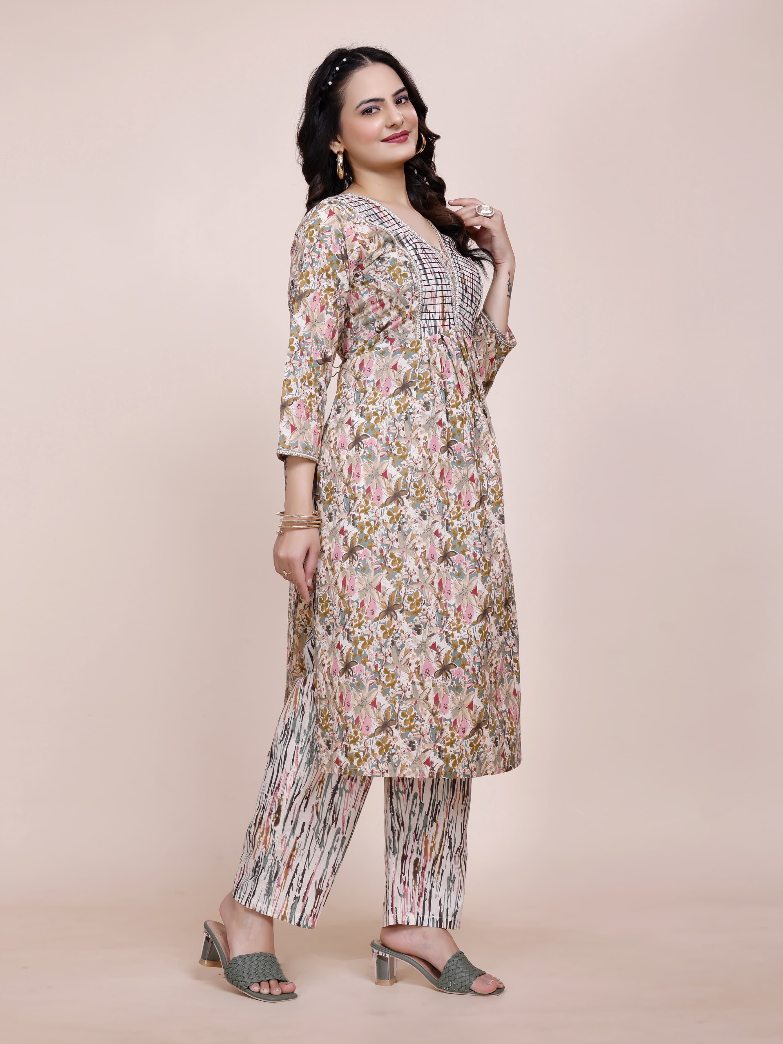 Women Premium Cotton Floral Cream Kurti Pant Set
