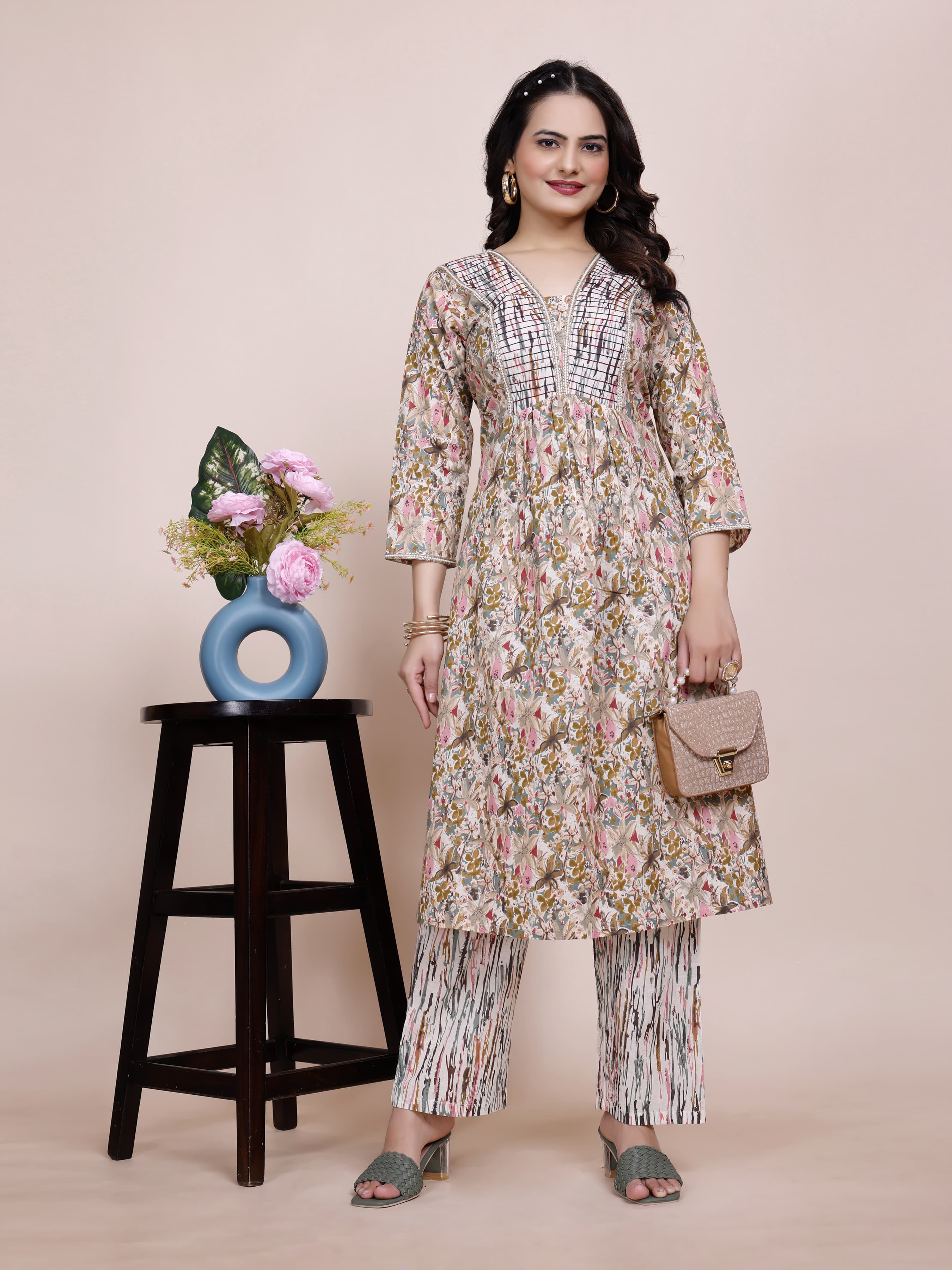 Women Premium Cotton Floral Cream Kurti Pant Set