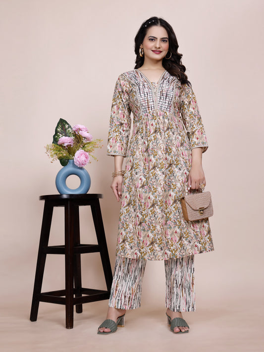 Women Premium Cotton Floral Cream Kurti Pant Set