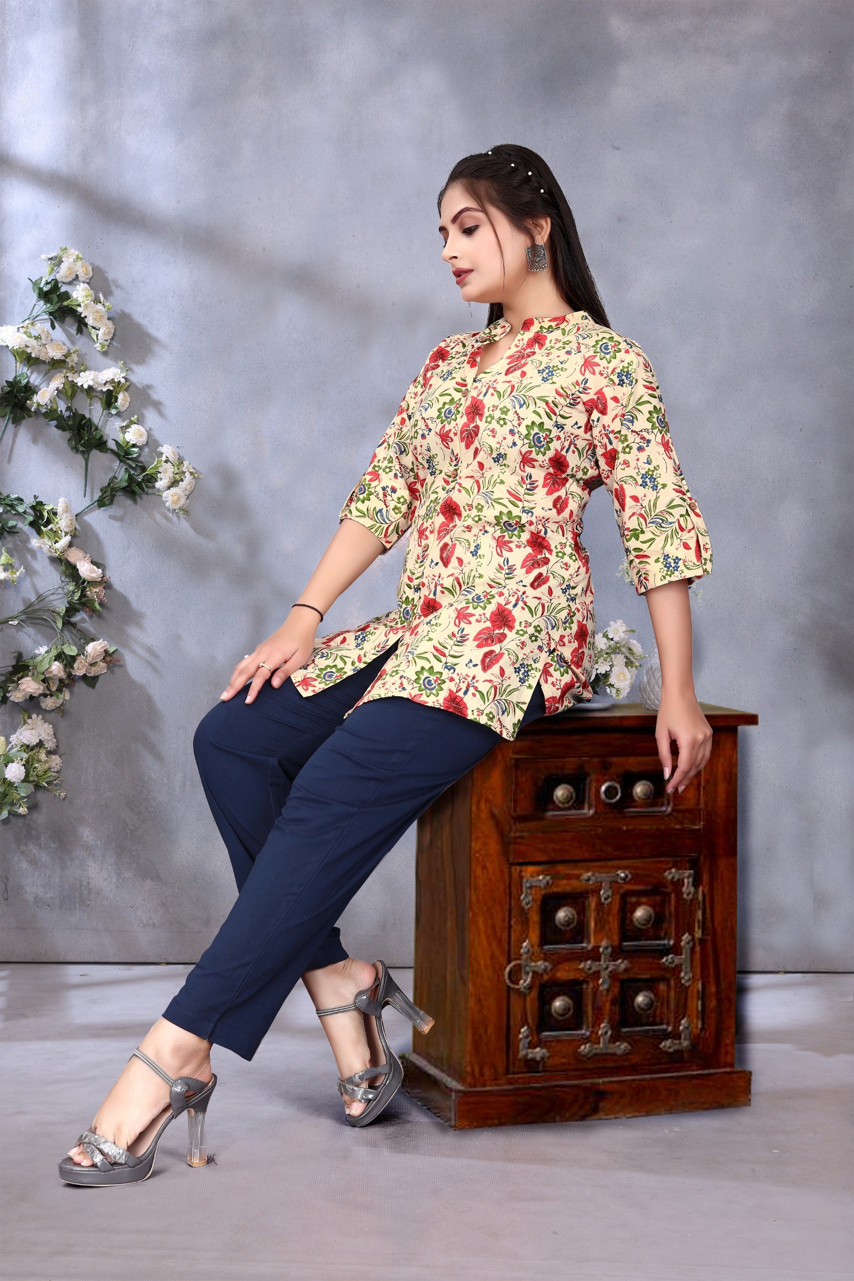 Women Cotton Floral Cream Princess Cut Tops