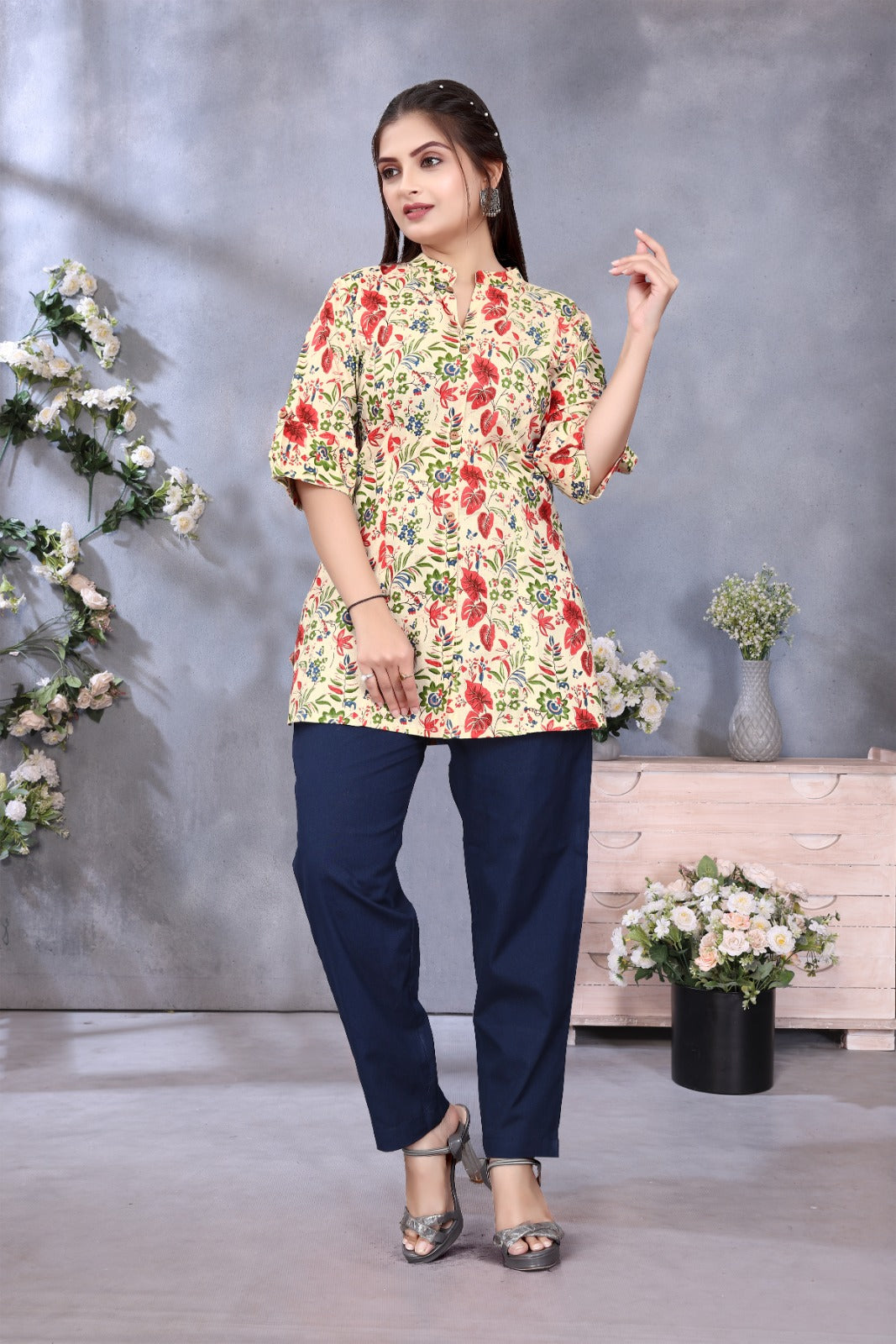 Women Cotton Floral Cream Princess Cut Tops