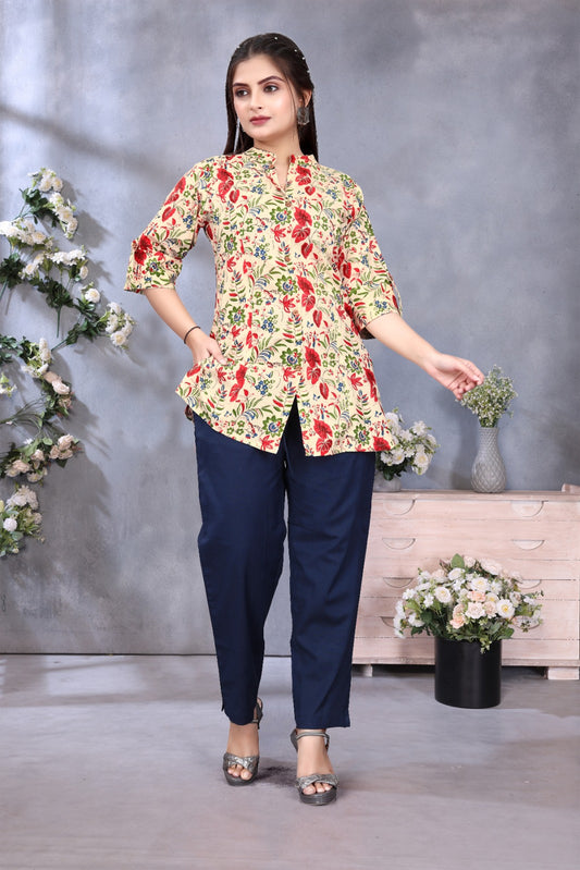 Women Cotton Floral Cream Princess Cut Tops