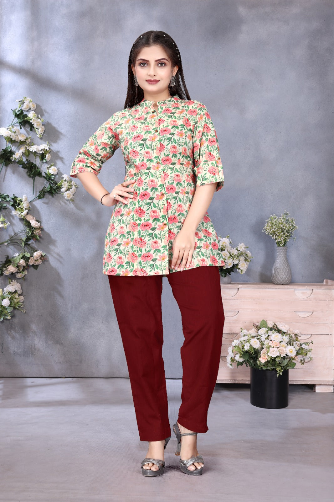 Women Cotton Floral Pink Princess Cut Tops