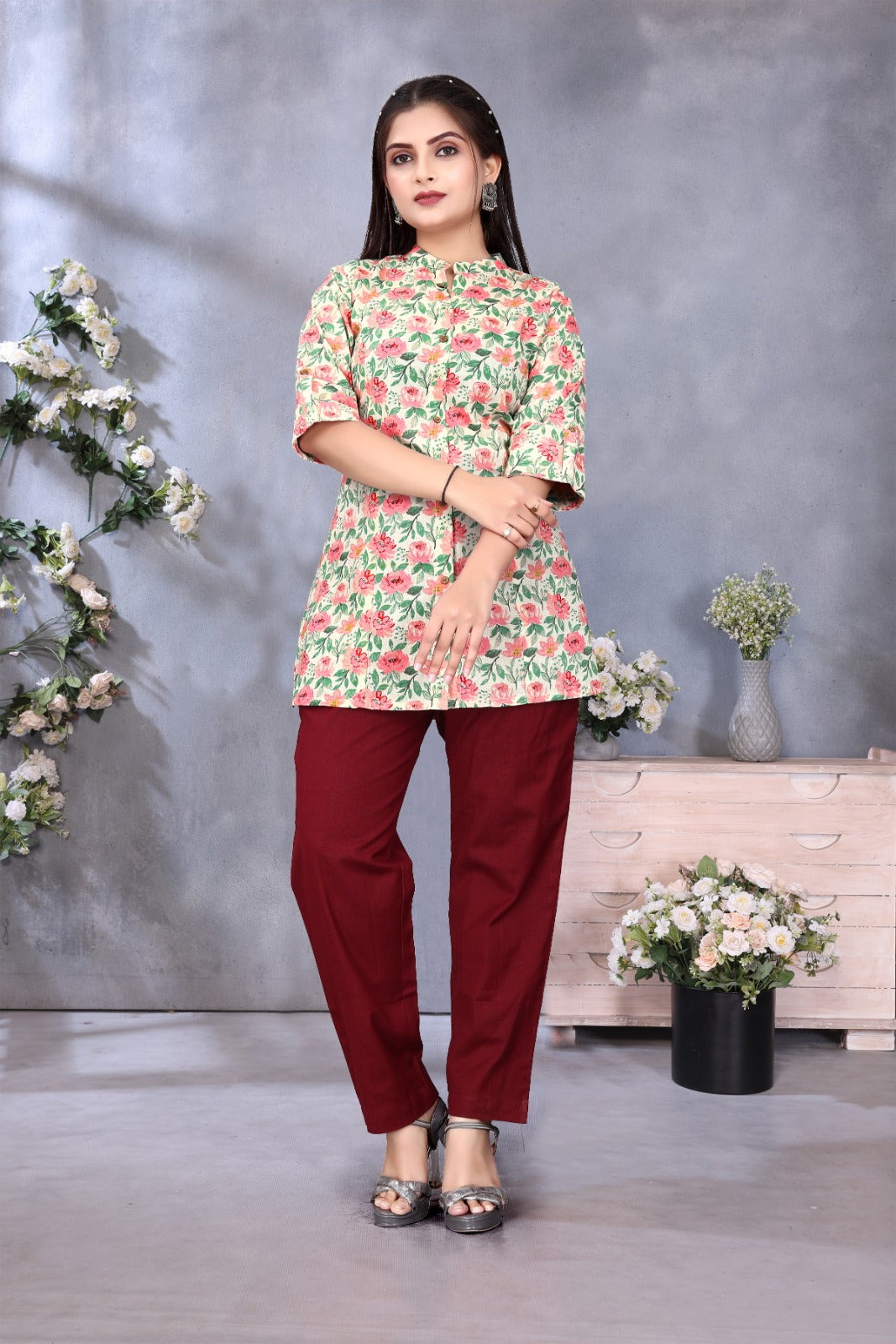 Women Cotton Floral Pink Princess Cut Tops