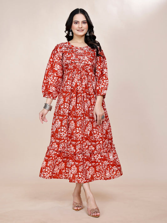 Women Premium Red Cotton One Piece dress