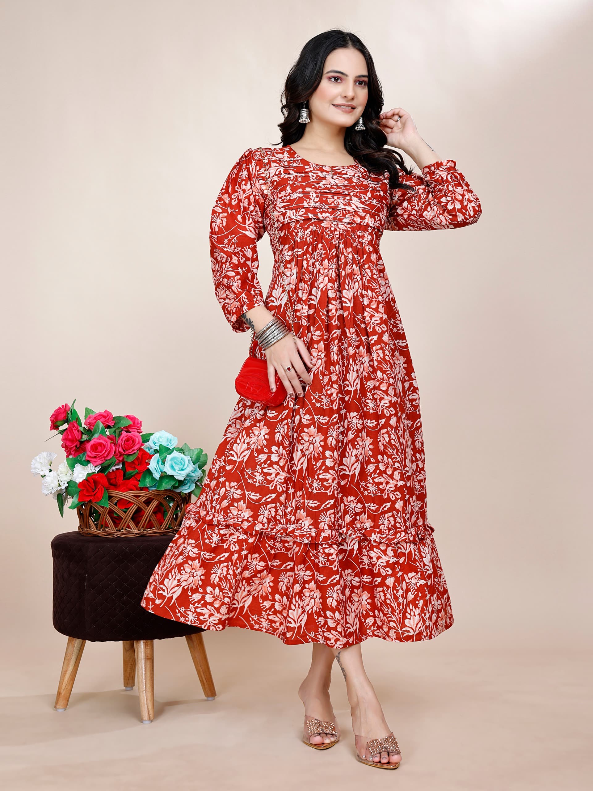 Women Premium Red Cotton One Piece dress