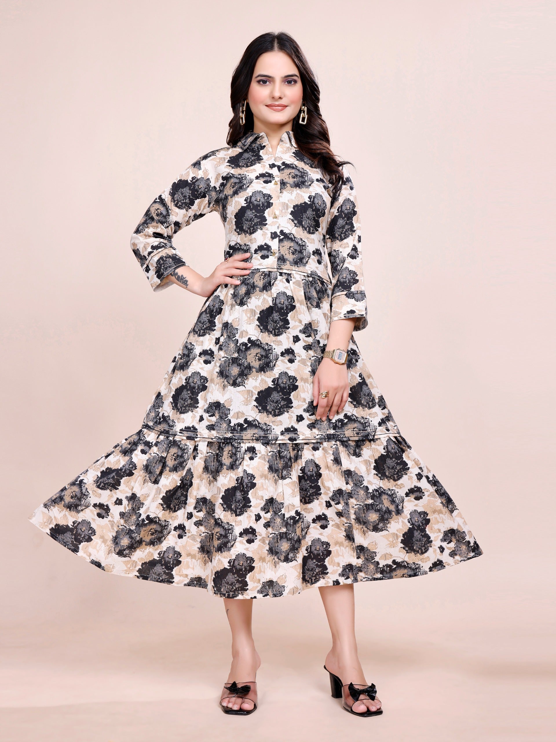 Women Premium Floral Black Cotton Linen One Piece dress