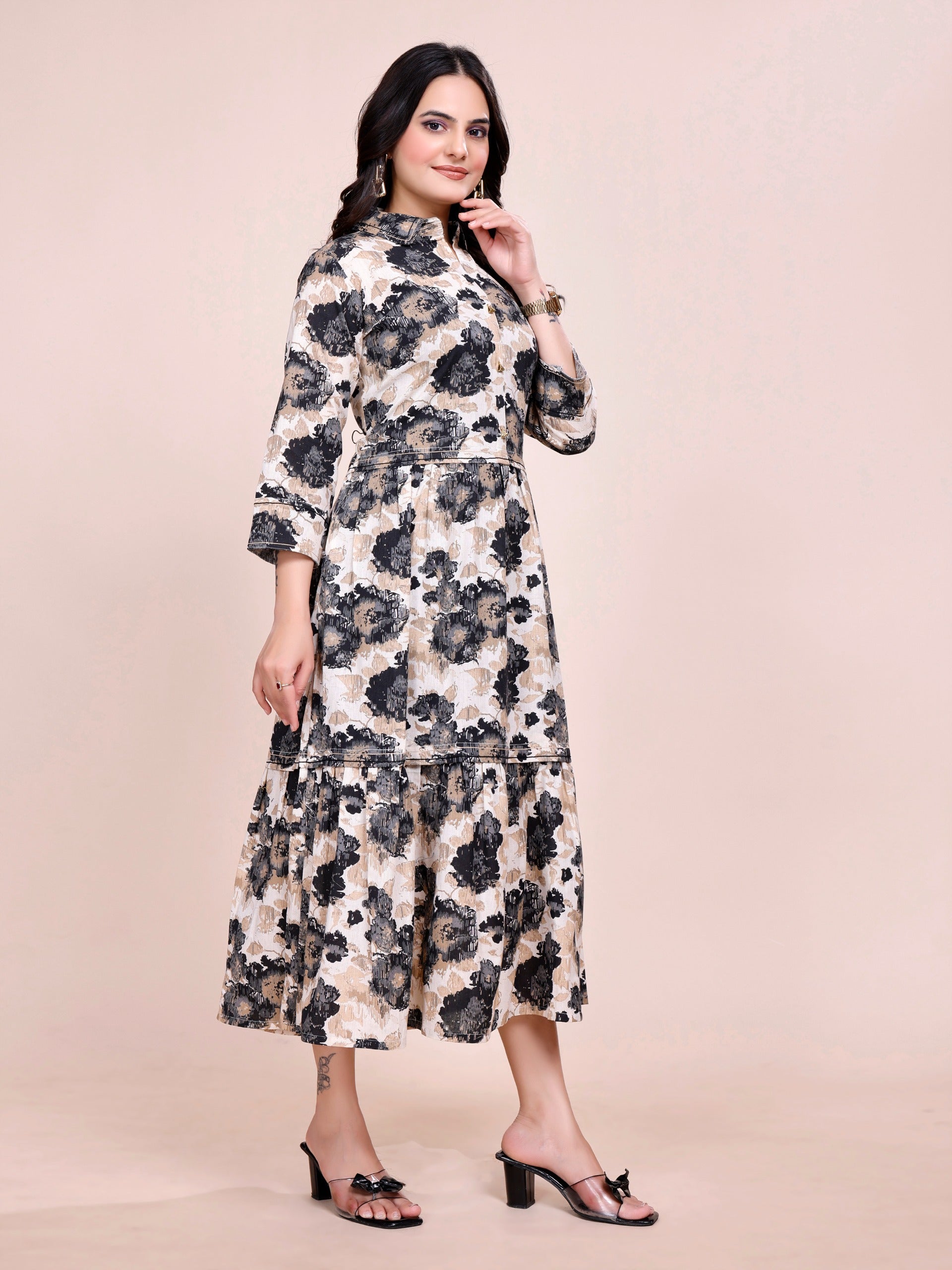 Women Premium Floral Black Cotton Linen One Piece dress