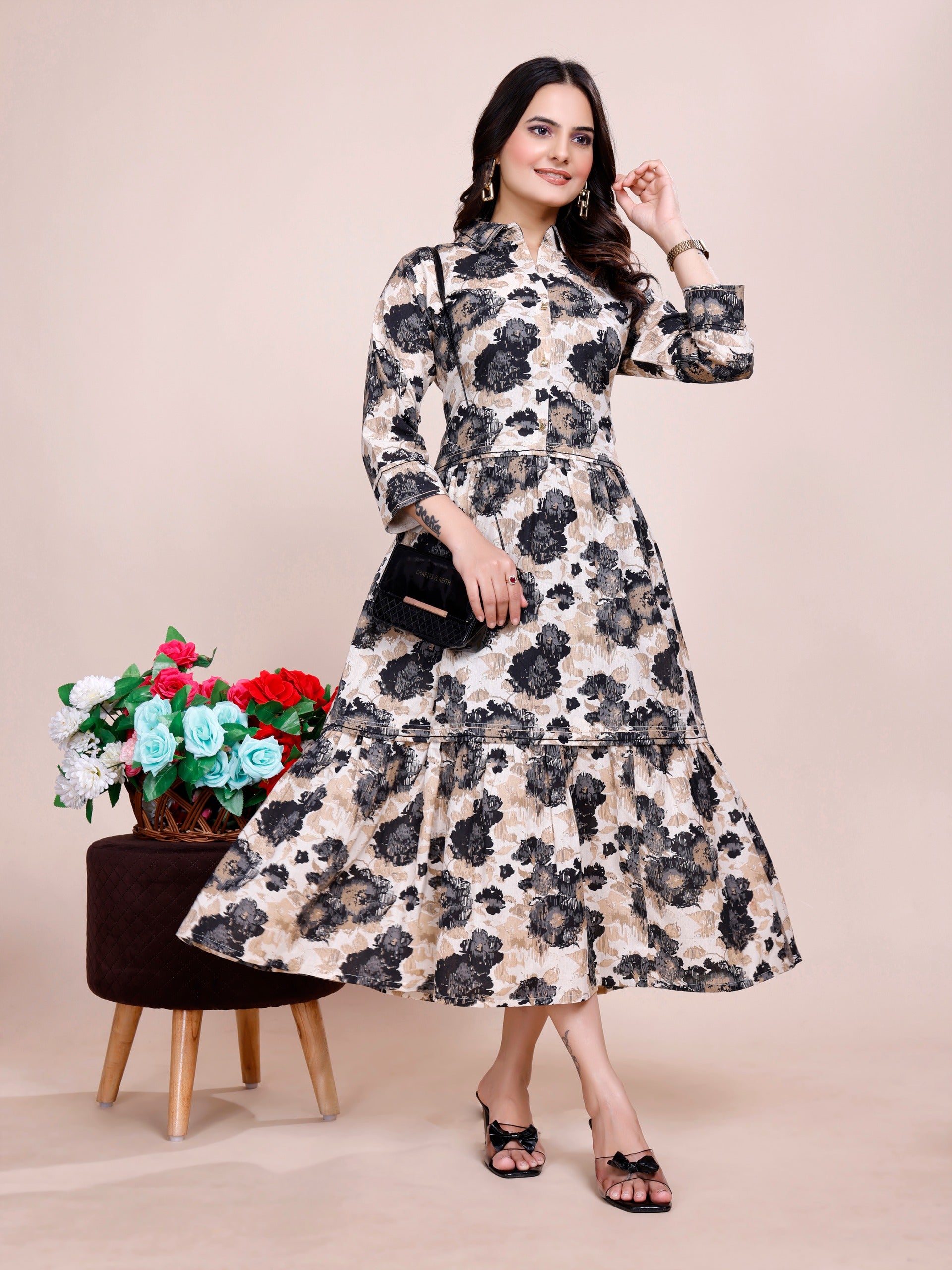 Women Premium Floral Black Cotton Linen One Piece dress