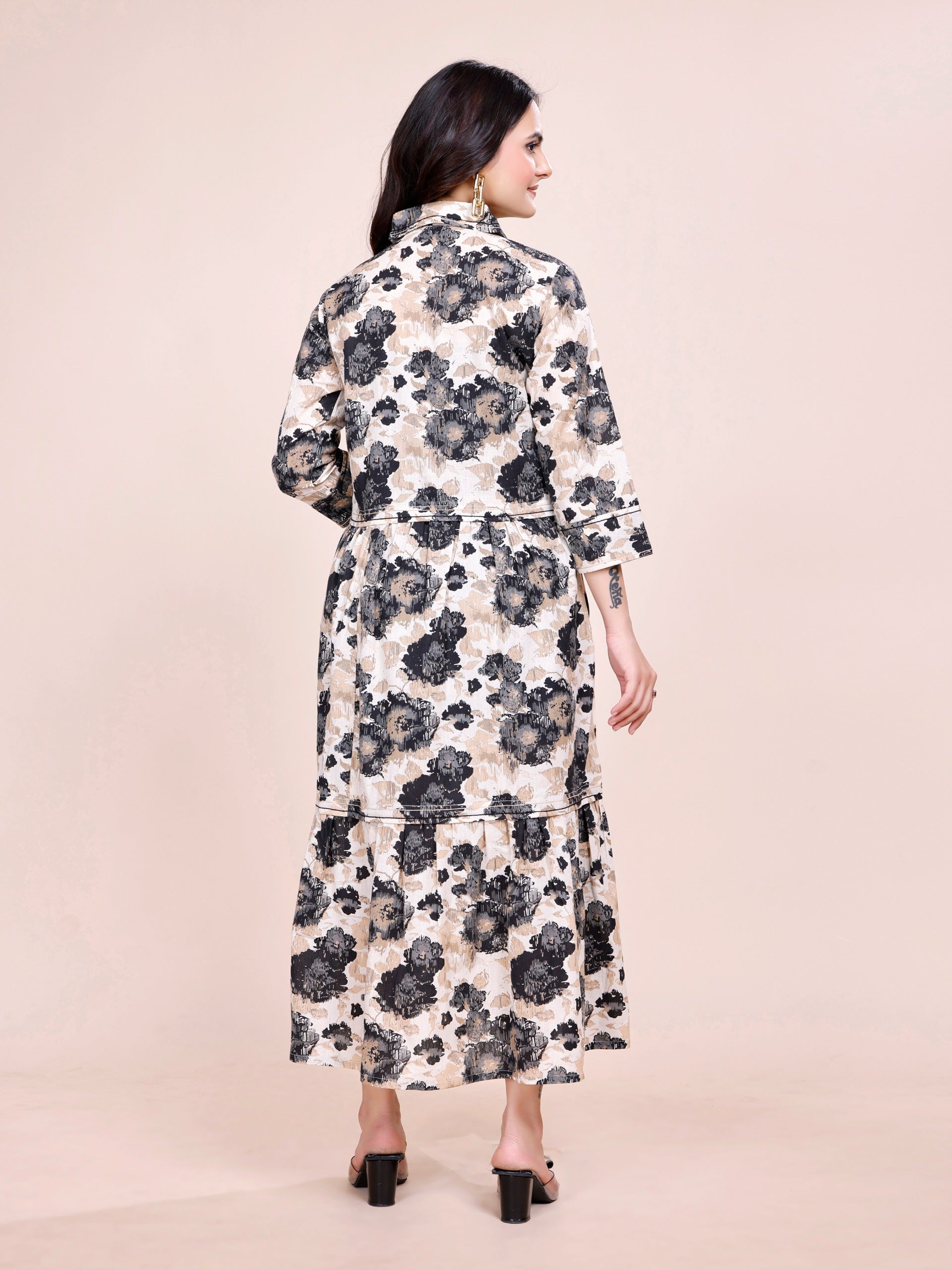 Women Premium Floral Black Cotton Linen One Piece dress