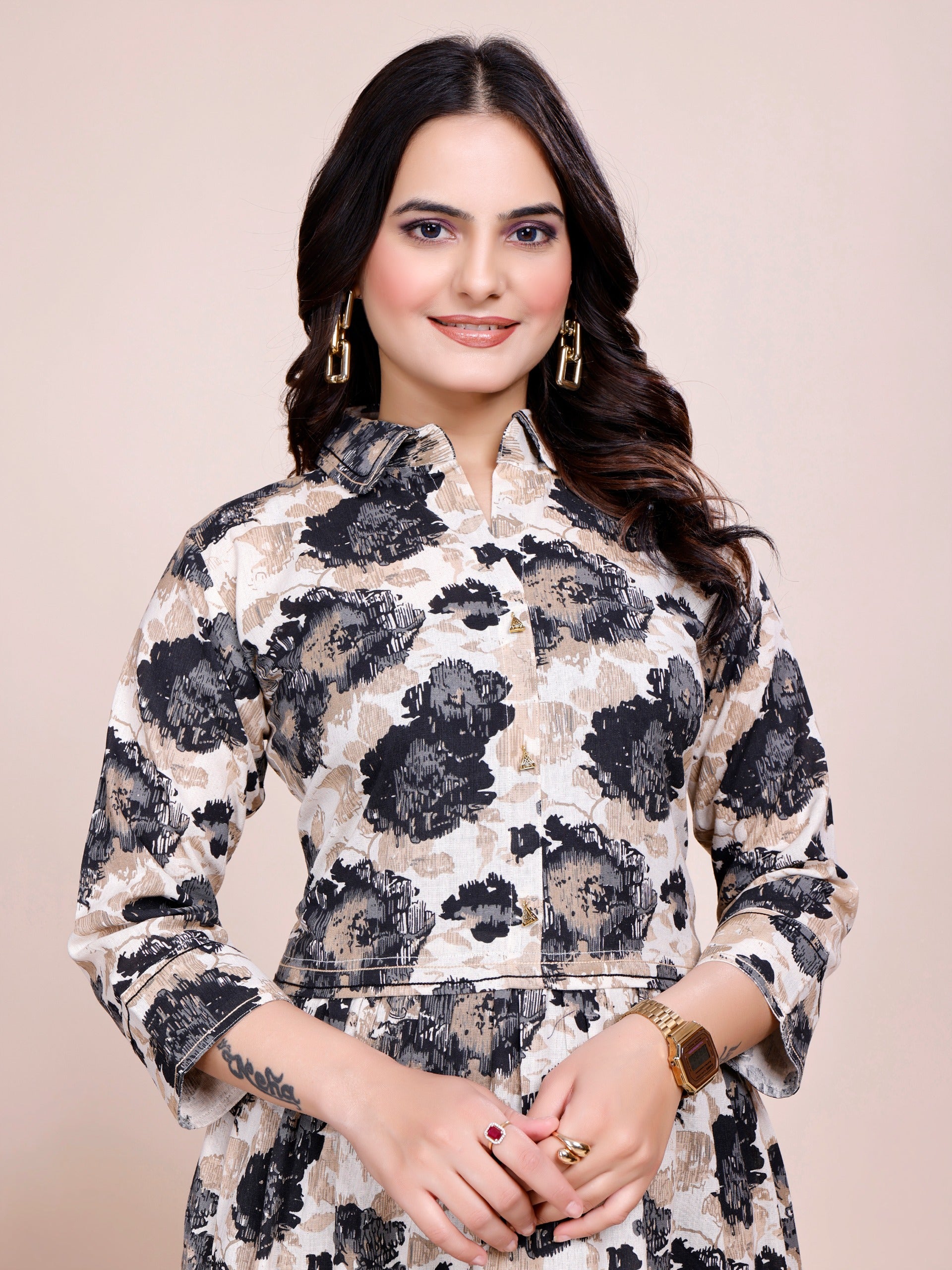 Women Premium Floral Black Cotton Linen One Piece dress