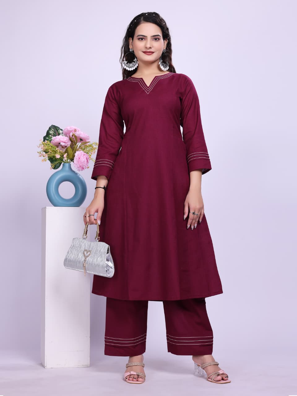 Women Premium Cotton Magenta Cord Set