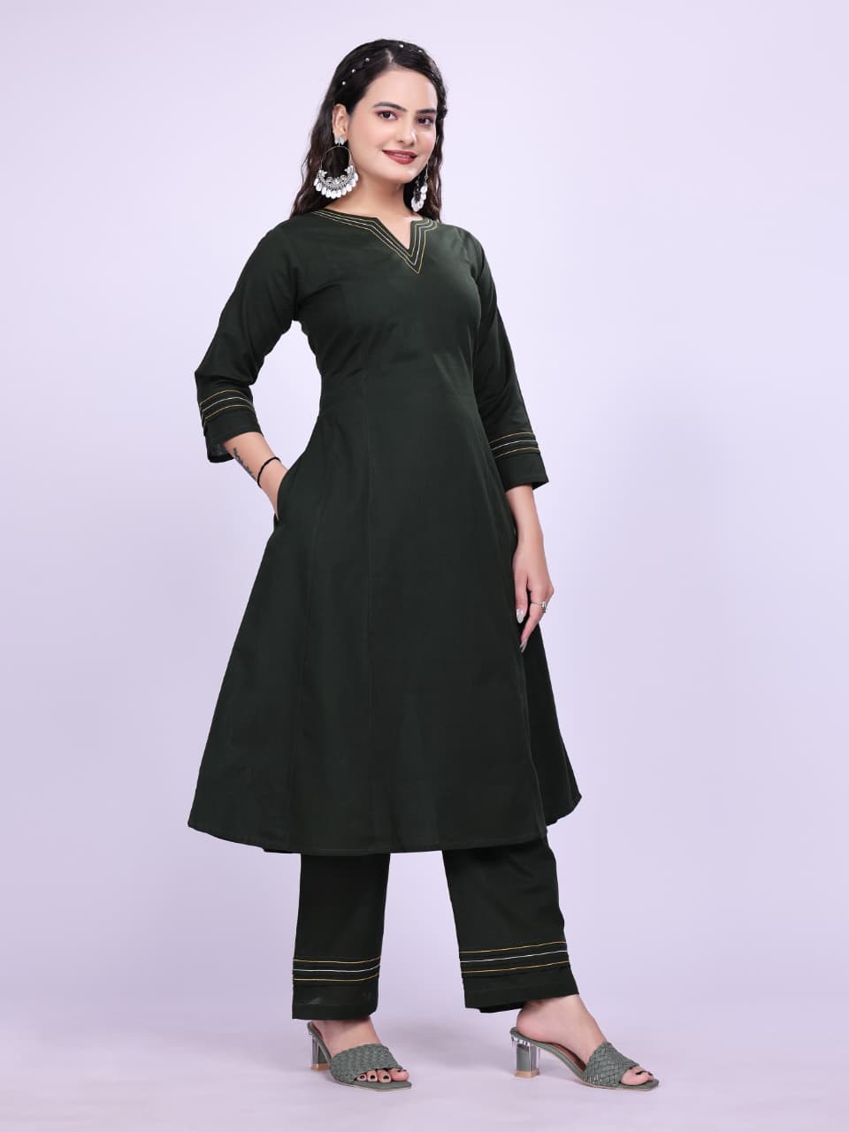 Women Premium Cotton Bottle Green Cord Set