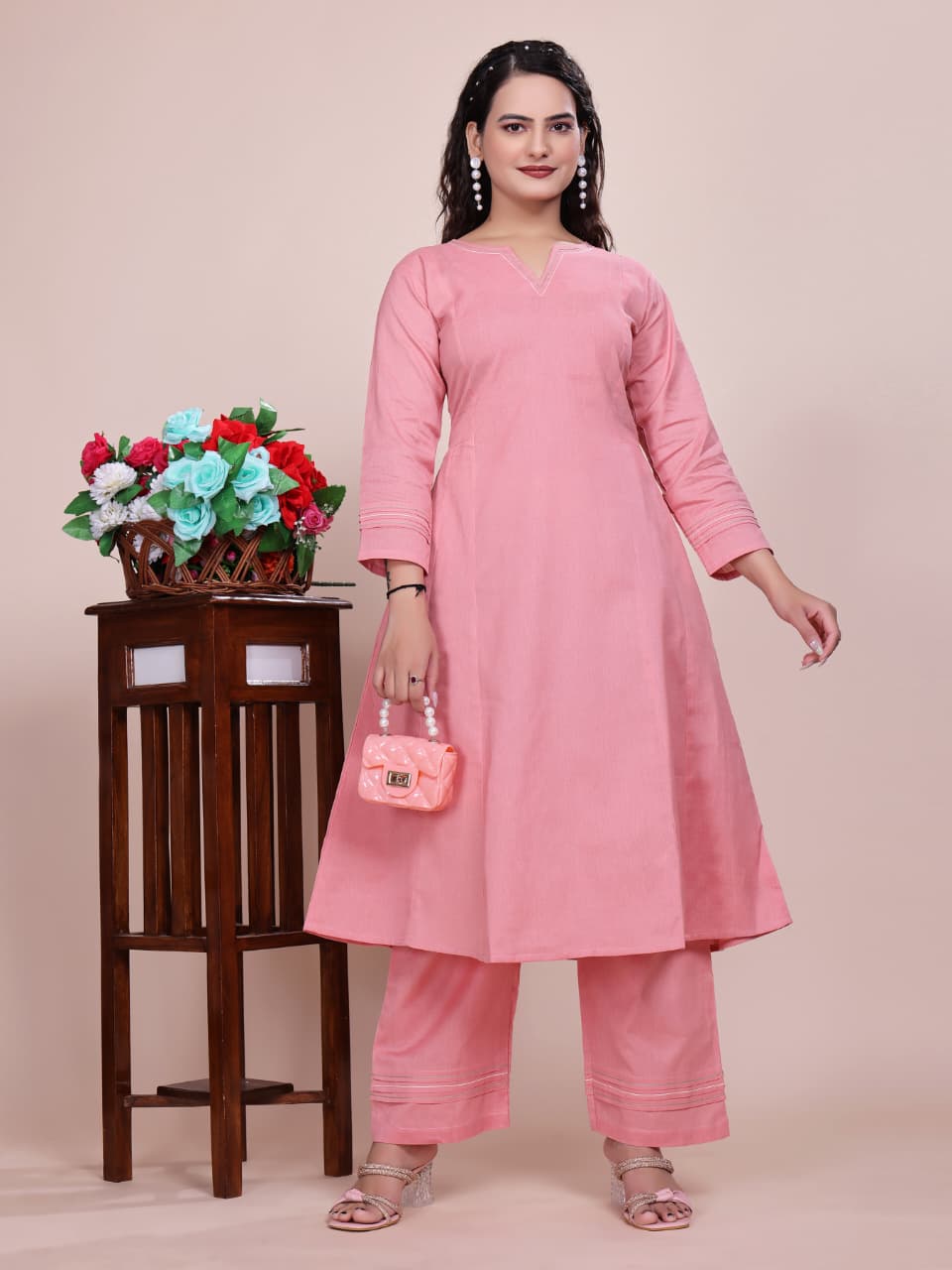 Women Premium Cotton Pink Cord Set