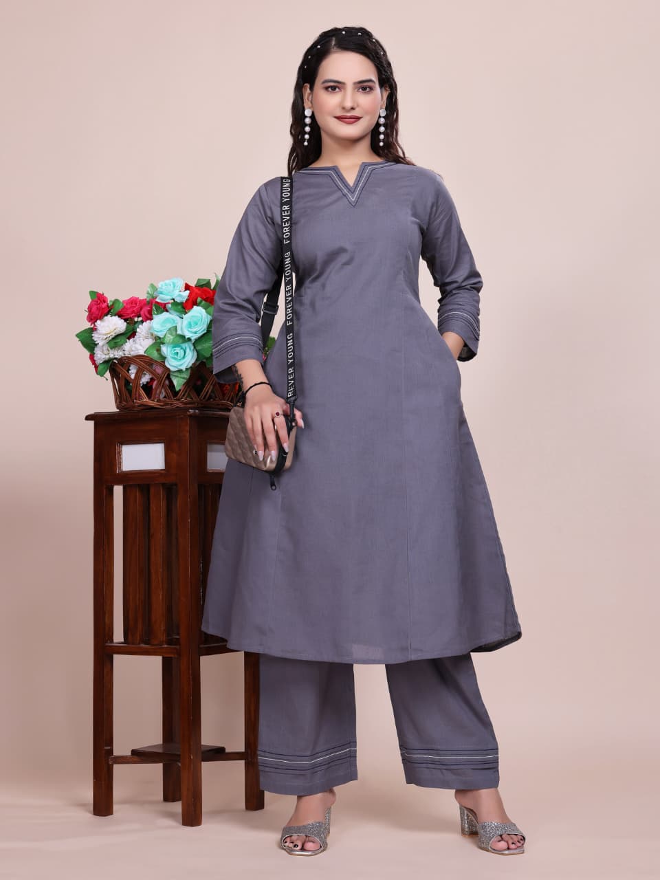 Women Premium Cotton Grey Cord Set