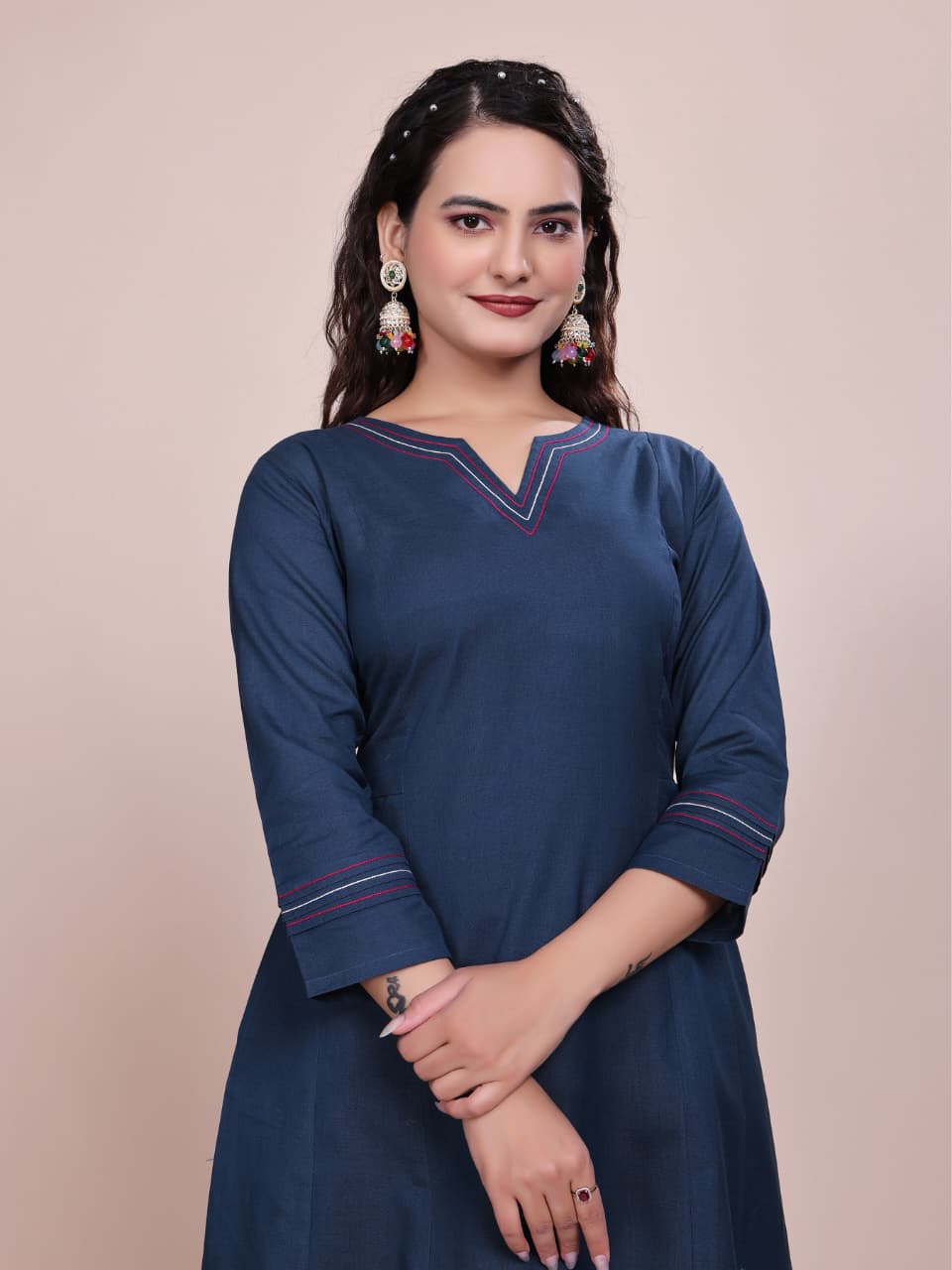 Women Premium Cotton Linen Peacock Blue Cord Set