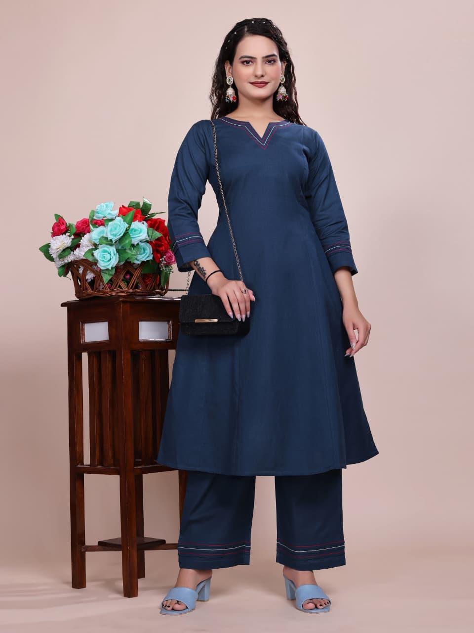 Women Premium Cotton Linen Peacock Blue Cord Set