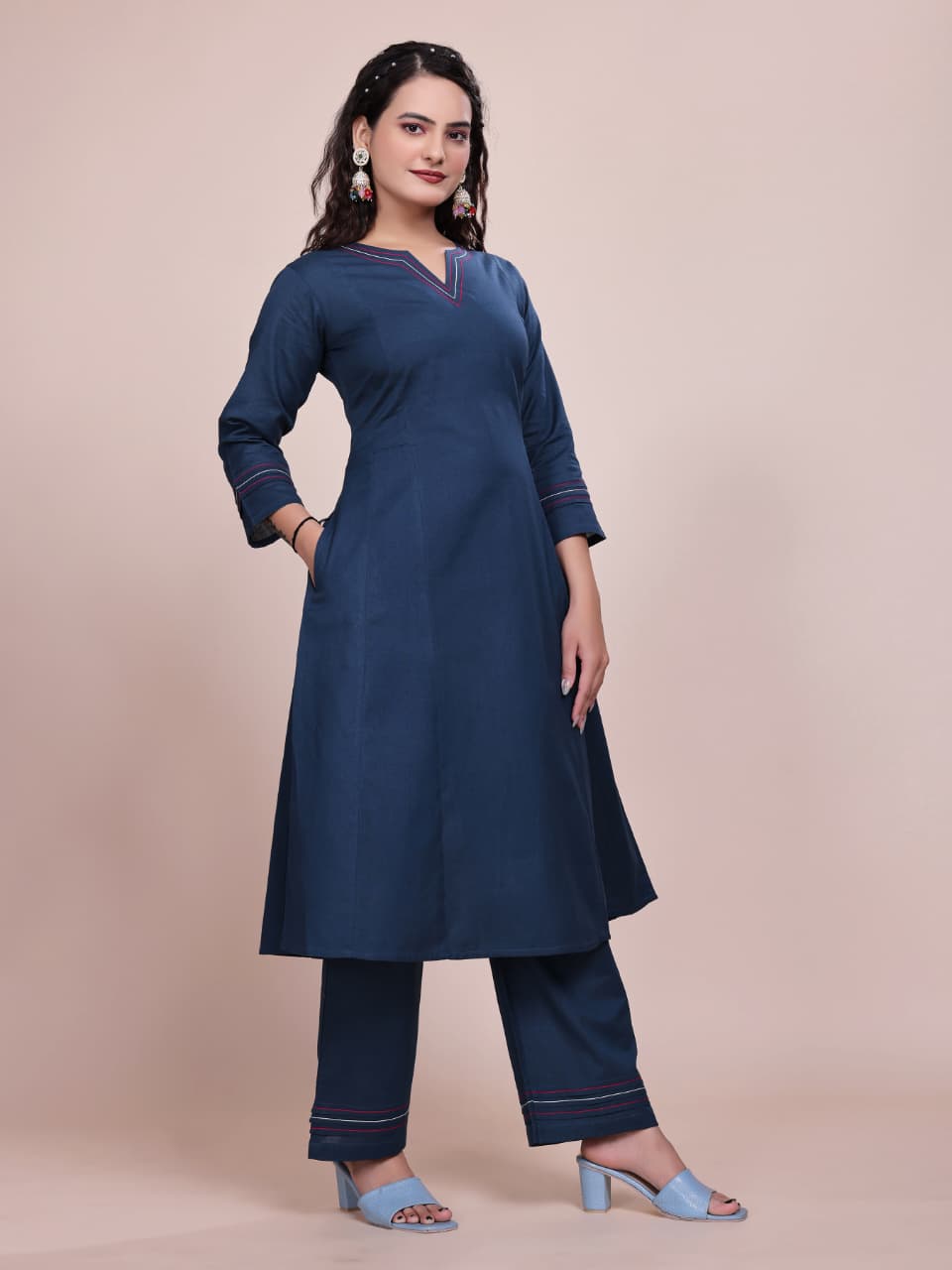 Women Premium Cotton Linen Peacock Blue Cord Set