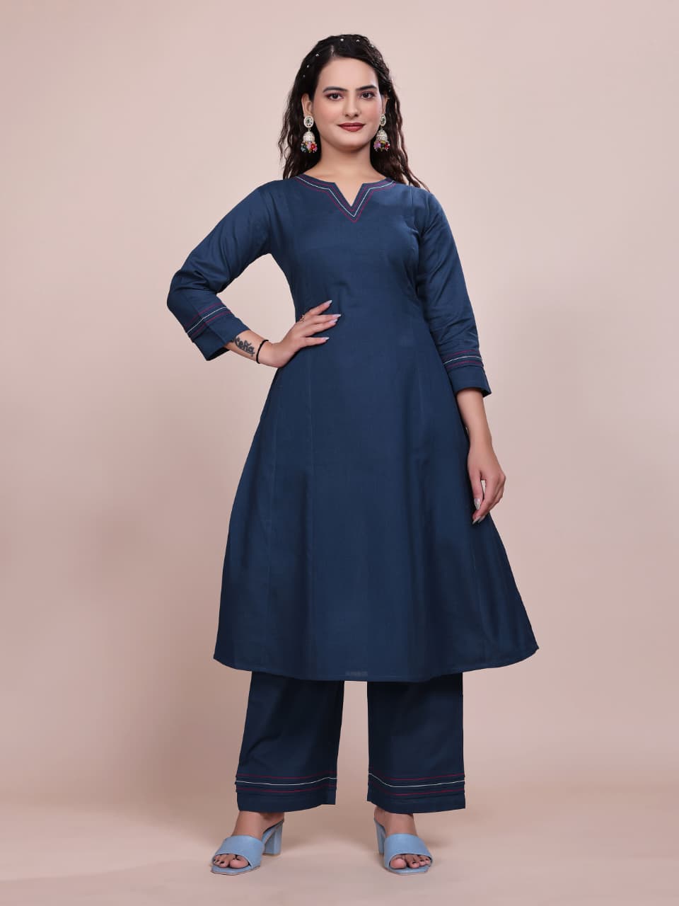 Women Premium Cotton Linen Peacock Blue Cord Set