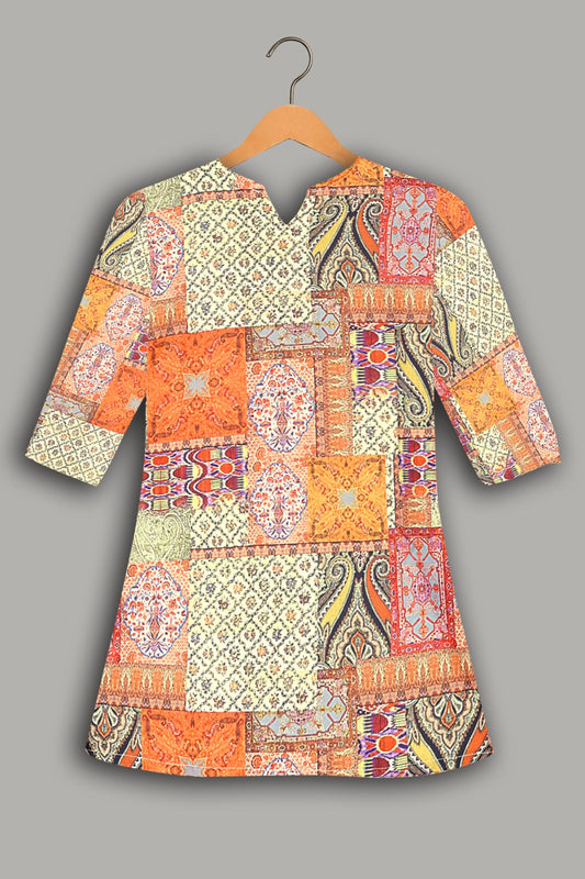 Women Premium Ikat Inspired Geometric PC Cotton Linen Printed Tunic