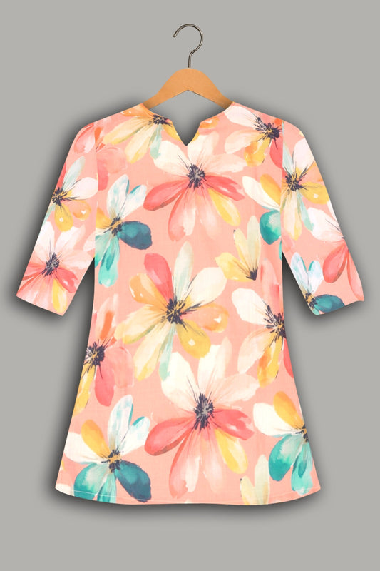 Women Premium Brush Paint Floral PC Cotton Linen Printed Tunic