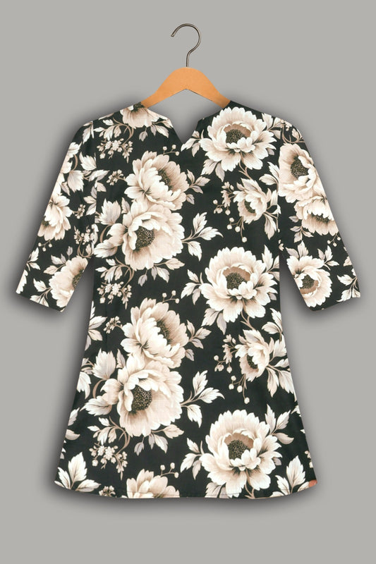Women Premium Black Beauty Floral PC Cotton Linen Printed Tunic