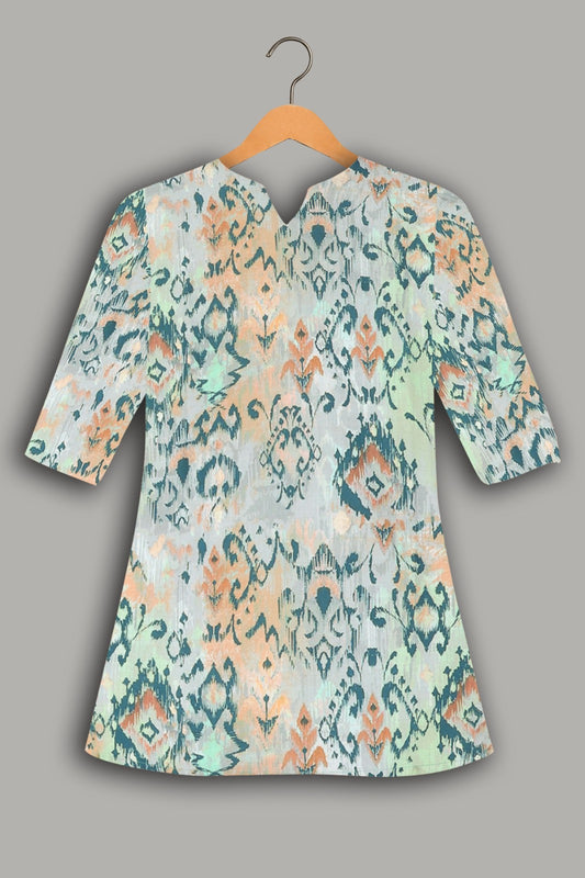 Women Premium Ikat Abstract PC Cotton Linen Printed Tunic