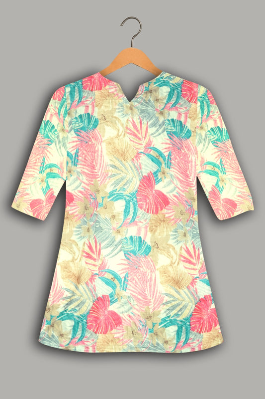 Women Premium Tropical Floral PC Cotton Linen Printed Tunic
