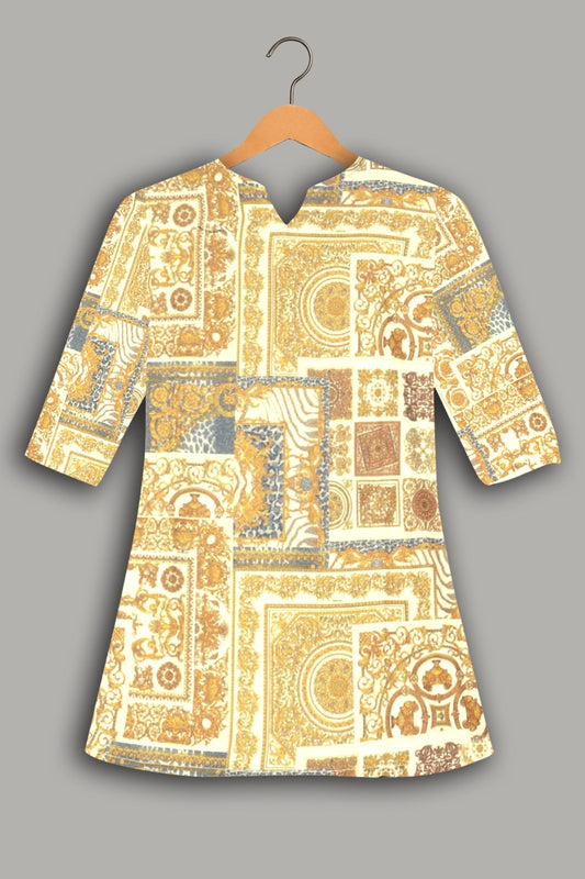 Women Premium Mustard Geometrical Abstract PC Cotton Linen Printed Tunic