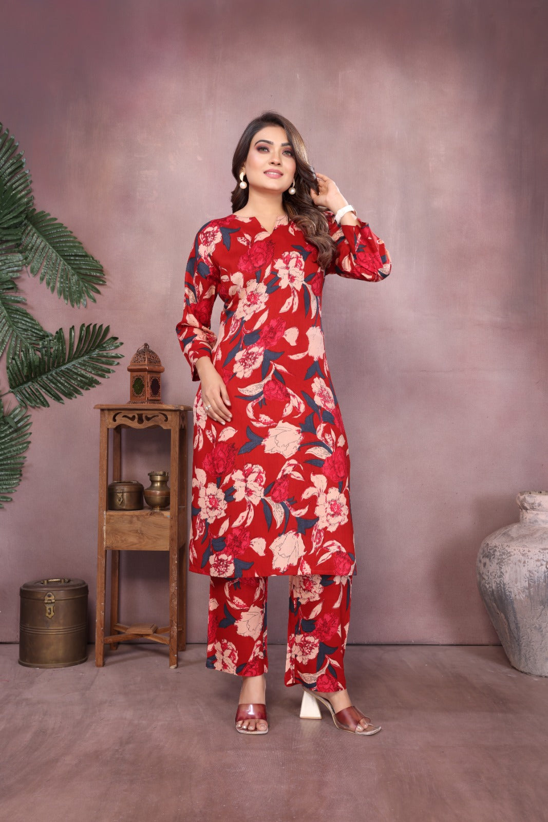 Women Premium Rayon Red Kurti Pant Set