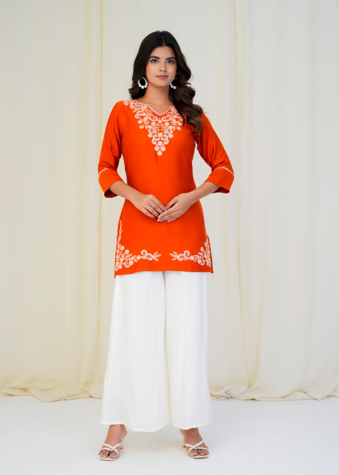 Women Premium Orange Embroidery Gazzi Silk Tunic Short Top