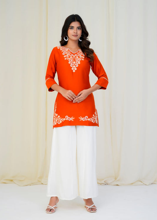 Women Premium Orange Embroidery Gazzi Silk Tunic Short Top