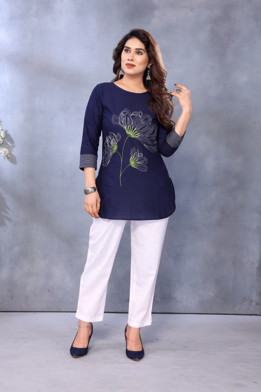 Women Cotton Linen Navy Blue Color Embroidered Short Top