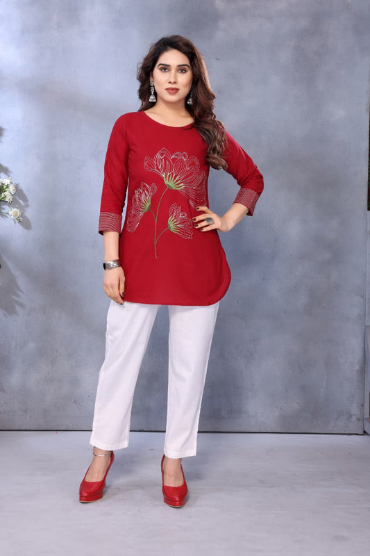 Women Cotton Linen Maroon Color Embroidered Short Top