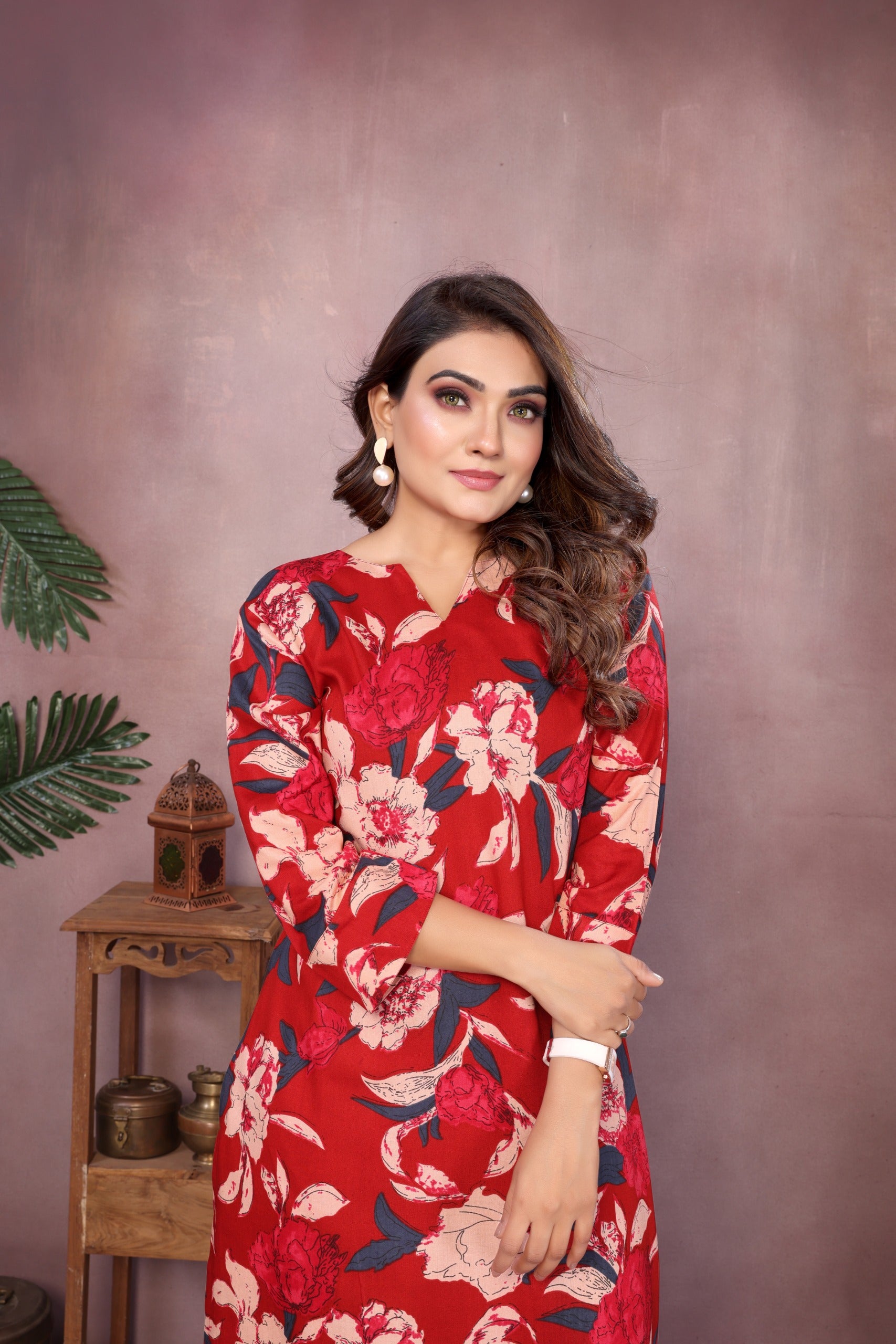 Women Premium Rayon Red Kurti Pant Set