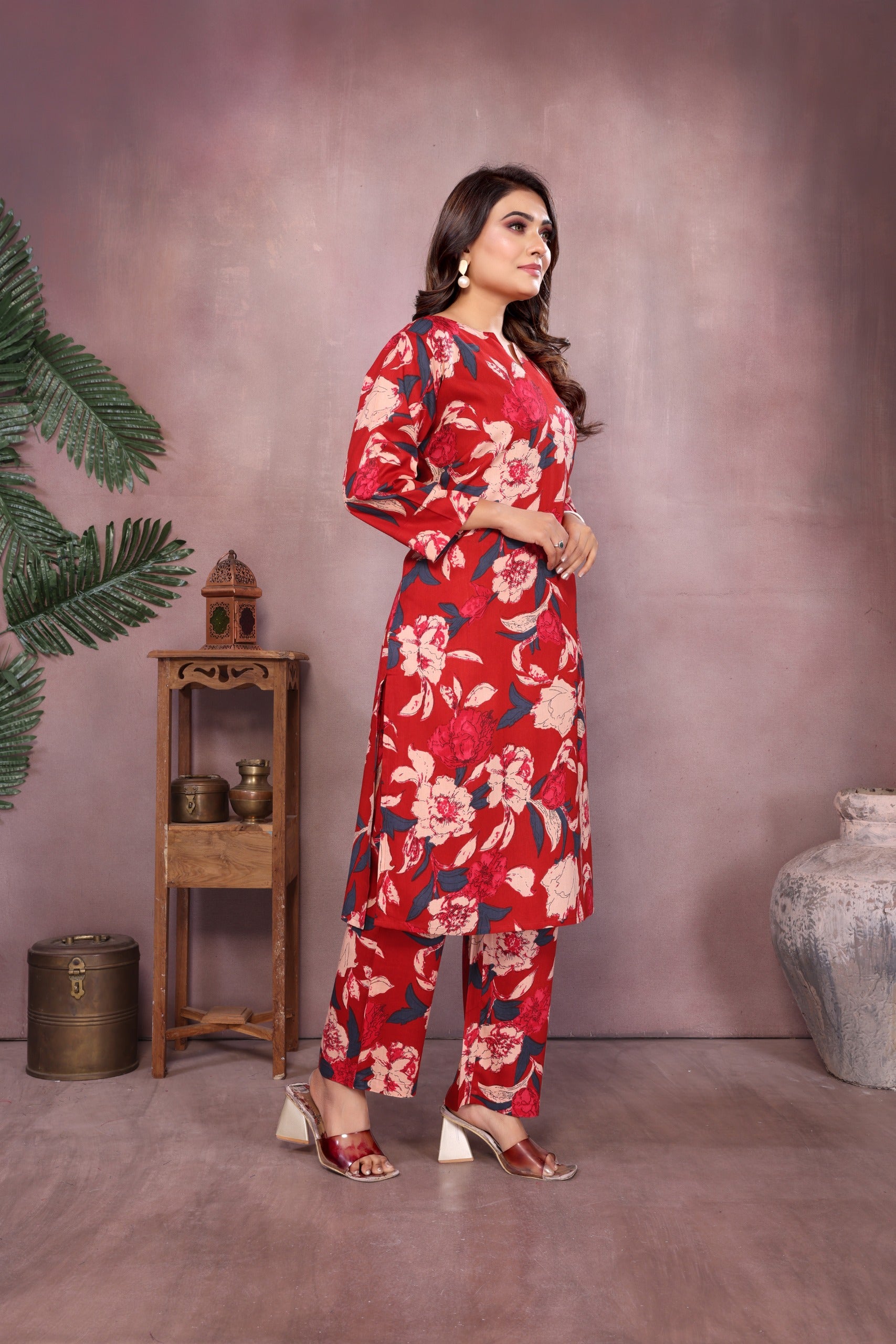 Women Premium Rayon Red Kurti Pant Set