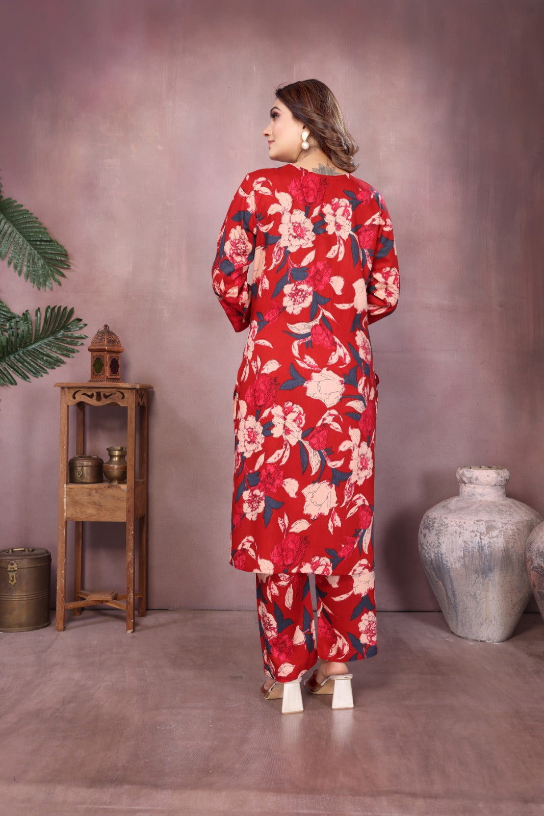 Women Premium Rayon Red Kurti Pant Set