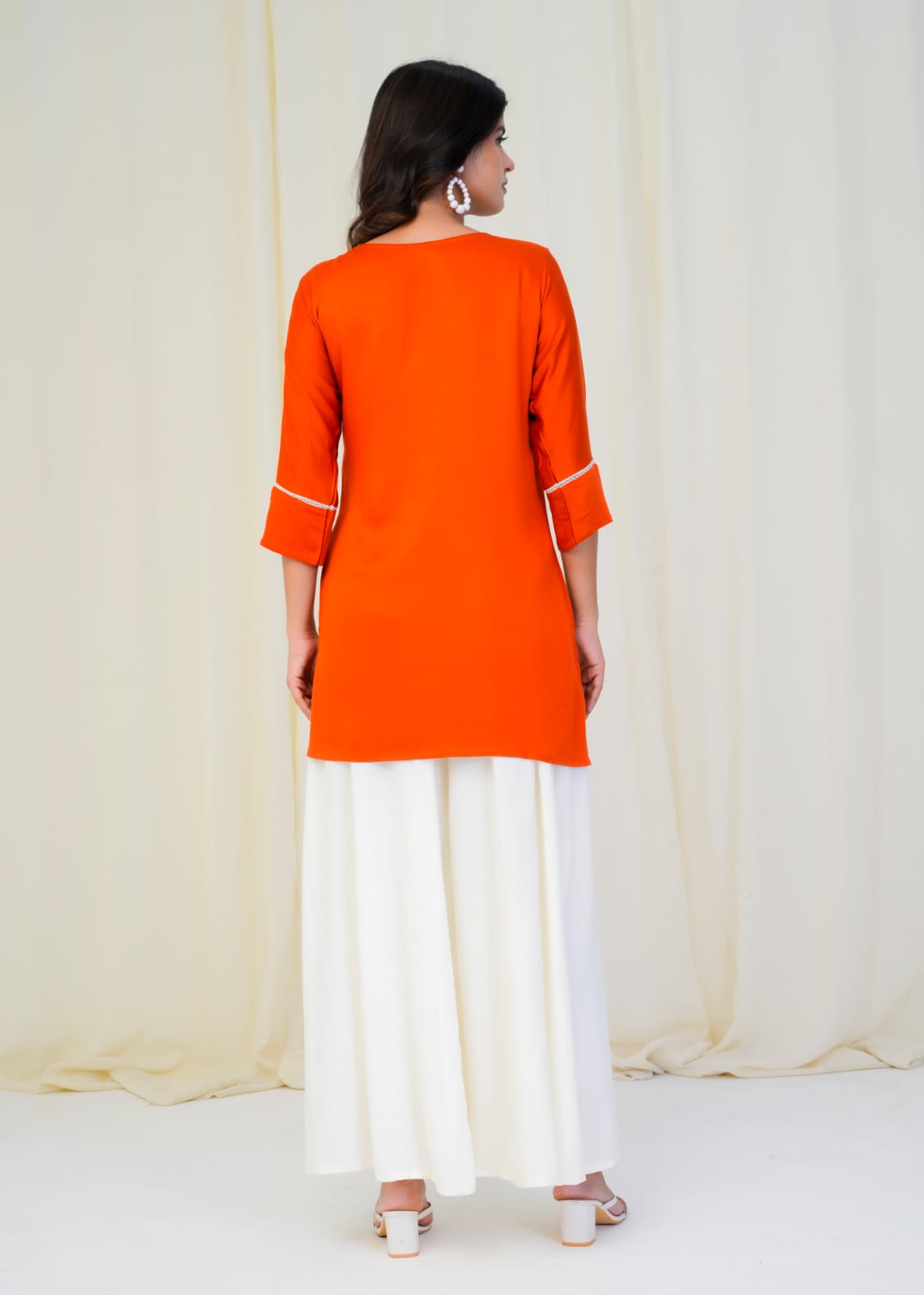 Women Premium Orange Embroidery Gazzi Silk Tunic Short Top