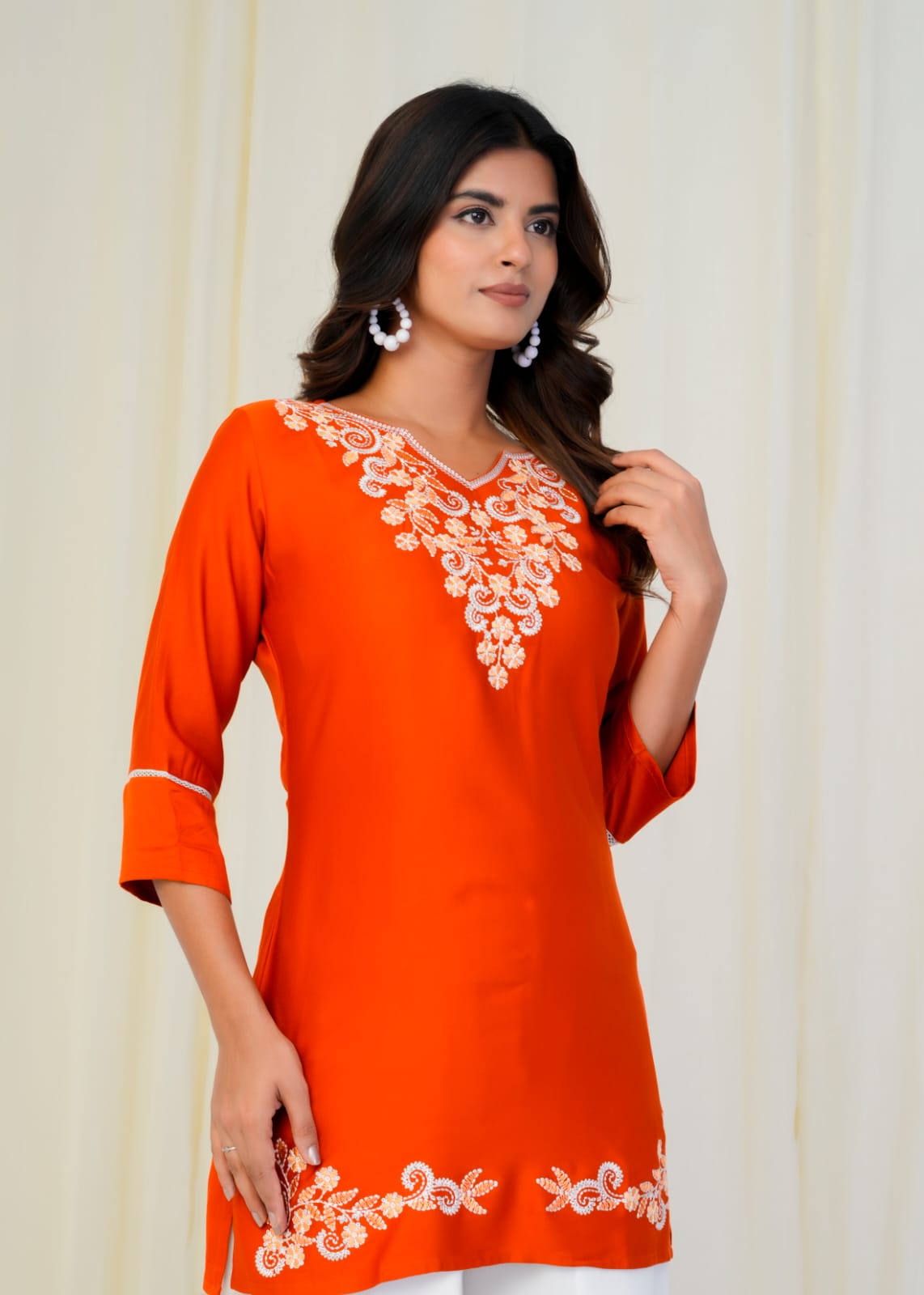 Women Premium Orange Embroidery Gazzi Silk Tunic Short Top