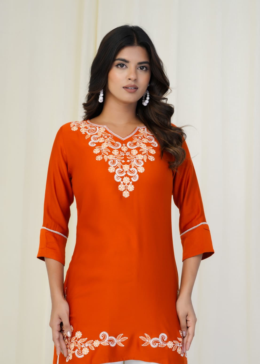 Women Premium Orange Embroidery Gazzi Silk Tunic Short Top
