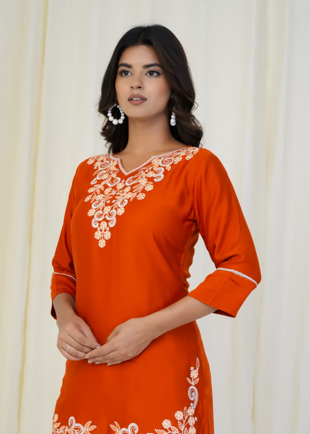 Women Premium Orange Embroidery Gazzi Silk Tunic Short Top