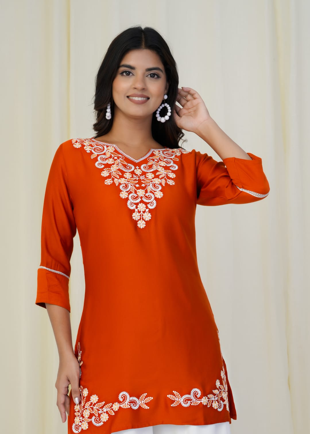 Women Premium Orange Embroidery Gazzi Silk Tunic Short Top