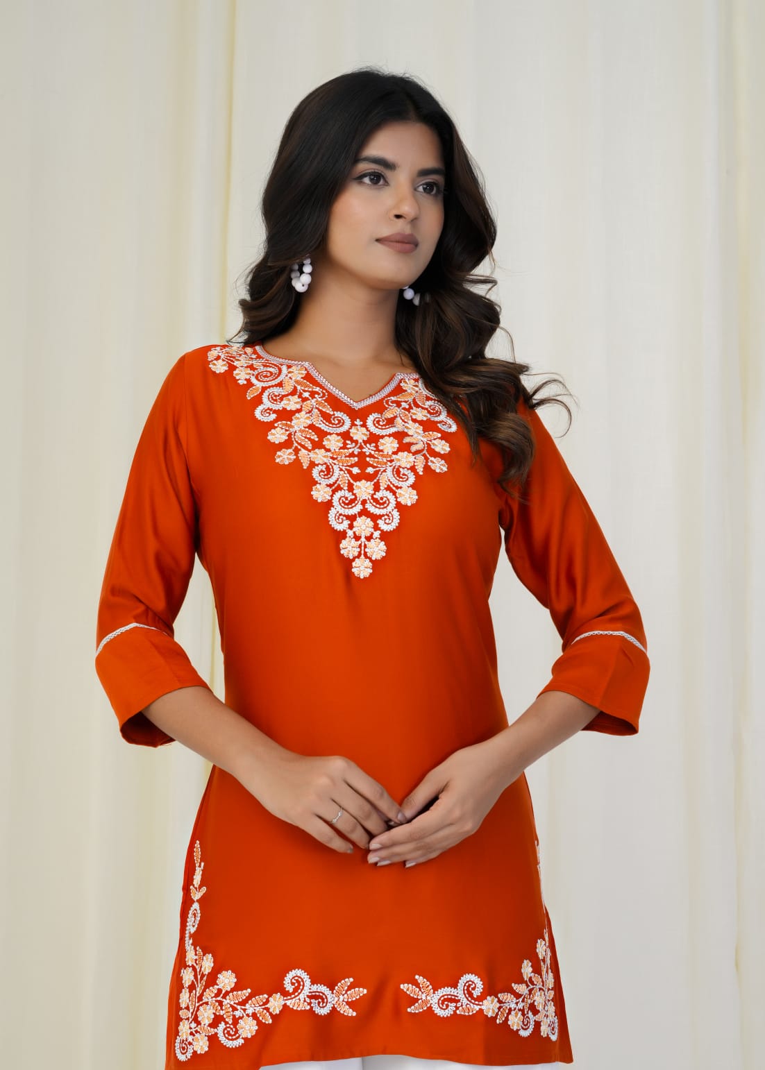 Women Premium Orange Embroidery Gazzi Silk Tunic Short Top